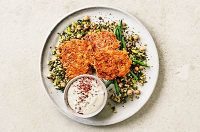 Spicy carrot fritters with tzatziki