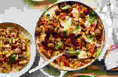 Spicy meatball & bucati pasta bake