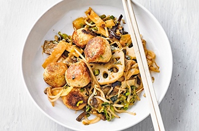 Tofu balls with spicy Asian stir-fry