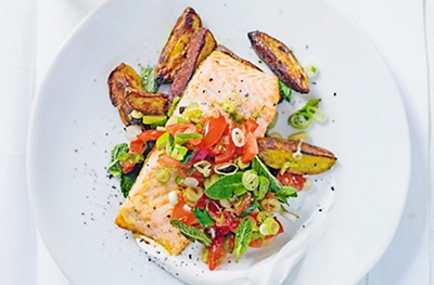 Trout with crispy potatoes & minted tomatoes