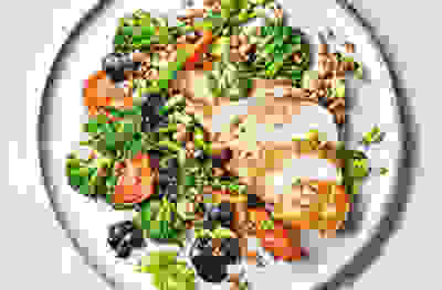 Warm chicken & broccoli salad with black garlic dressing