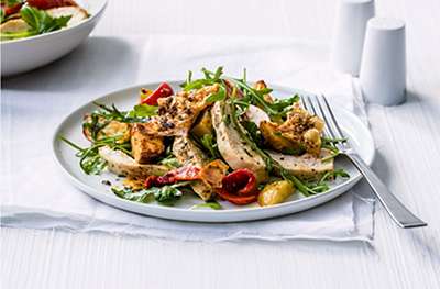Warm chicken, new potato and red pepper salad