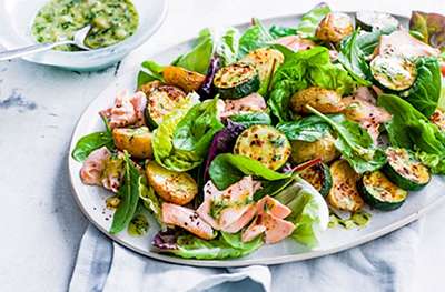 Warm courgette and salmon salad