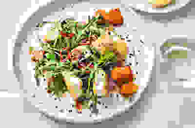 Warm sweet potato, chilli & halloumi salad