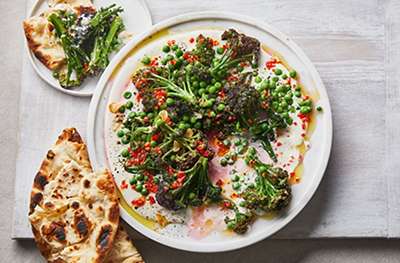 Whopped feta with charred pruple sprouting broccoli