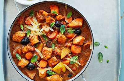 Wild salmon tagine with preserved lemons and olives