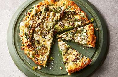 Asparagus, broad bean & pea frittata with a seed and parmesan crust