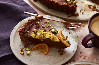 Avocado chocolate tart with candied tangerine