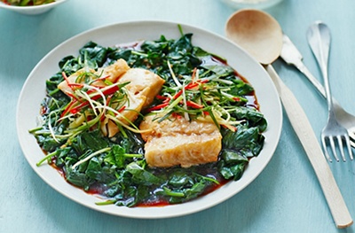 Baked cod loin with sizzling spinach, ginger and chilli