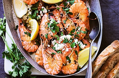 Baked tiger prawns with green garlic butter