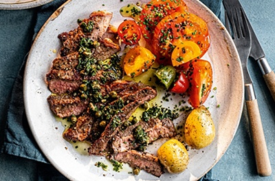 Barbecued sirloin steak with salsa verde