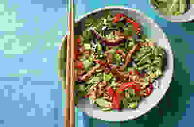 Beef stir-fry with broccoli and edamame
