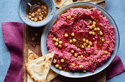 Beetroot houmous with spiced crunchy chickpeas