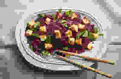 Beetroot, lentil & mint salad with fried halloumi