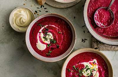 Beetroot soup with soured cream & chives