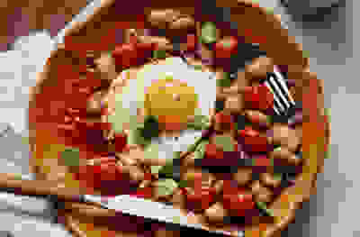 Braised butter beans with crispy fried eggs