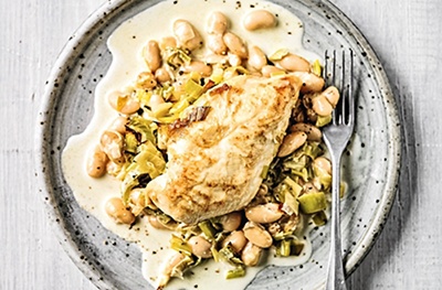 Braised chicken breasts with cannellini, leeks & rosemary