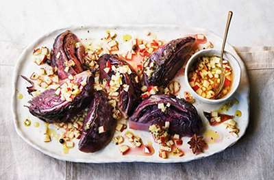 Braised red cabbage wedges with apple salsa