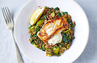 Brown-butter cod loin with leeks, spinach and grains
