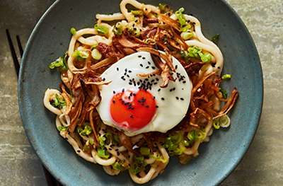 Brown butter miso udon with crisp mushrooms & fried egg