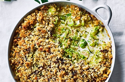 Brussels sprout gratin with anchovy crumb