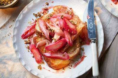 Butter-lacquered brioche toast with poached rhubarb
