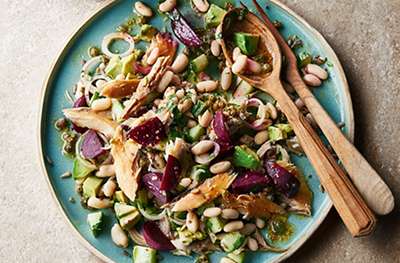Cannellini bean, smoked mackerel & beetroot salad with green caper dressing