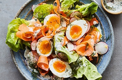 Carrot & radish salad with eggs and green dressing