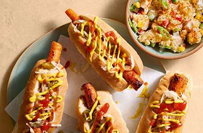 Carrot hot dogs with Japanese-style potato salad
