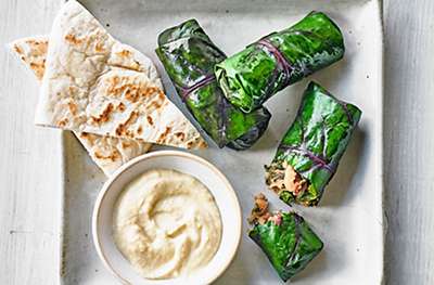 Chard & cannellini dolmades with tahini and orange dip