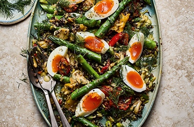 Chargrilled vegetable & asparagus salad with jammy eggs