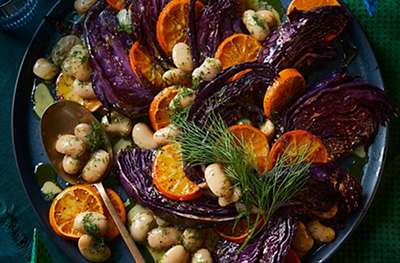 Charred red cabbage & butter bean platter, with a clementine and mustard dressing