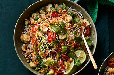 Charred sprout noodles with hot & sour dressing