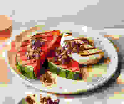 Charred watermelon & manouri with olive salsa