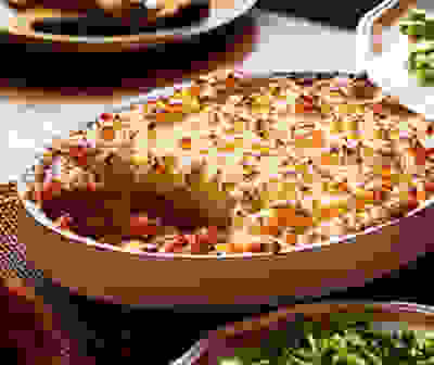 Cheesy harissa & sausage pie