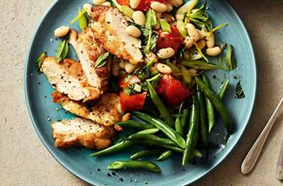 Chicken escalopes with roasted tomato & cannellini bean salad