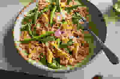 Chicken fried coconut rice with green beans & pickled shallots