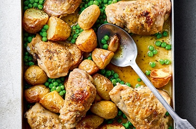 Chicken, pea & potato traybake