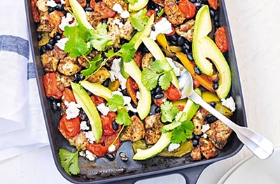 Chicken with black beans, feta & lime