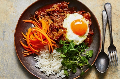 Chilli-miso beef rice bowl with a fried egg