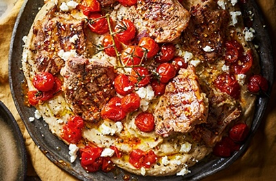 Chilli-spiced lamb chops with aubergine cream & blistered tomatoes 