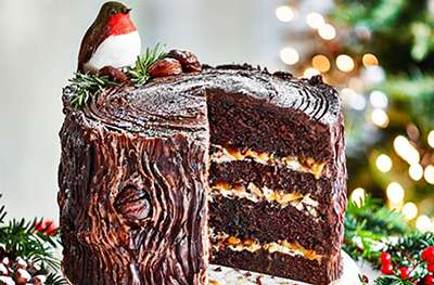 Chocolate, caramel & chestnut yule log cake recipe