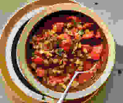 Chorizo & tomato soup with mixed grains