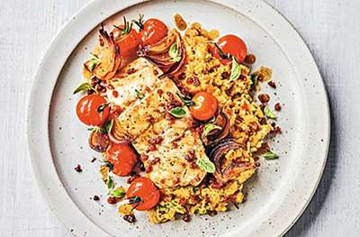 Chorizo baked fish, cherry tomatoes & chickpea purée