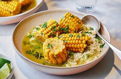 Corn on the cob in curry leaf coconut broth