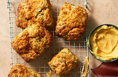 Courgette, Red Leicester &  chilli scones with maple butter
