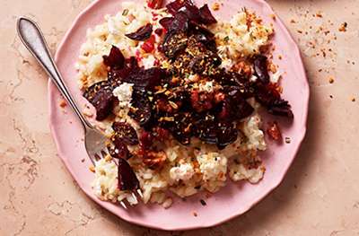 Creamy feta rice with beetroot, nuts & rosemary dukkah