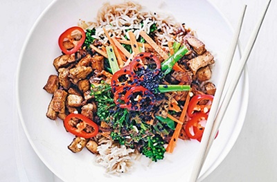 Crispy tofu rice bowl with soy lime dressing