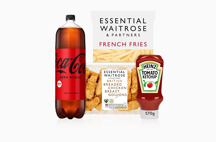 image of coca cola, fries, chicken goujons and ketchup