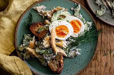 Cucumber & dill salad with smoked mackerel and egg
